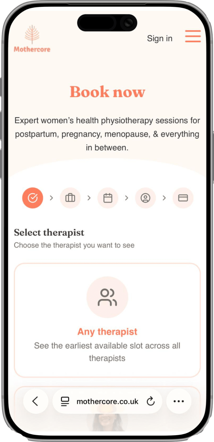 Mothercore booking flow shown on a mobile phone