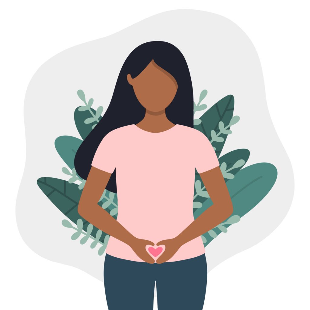 Gynaecological health concept vector illustration: early pregnancy, pelvic floor, tight and weak pelvic floor, women's health. Standing black woman with heart shaped hands at belly zone.